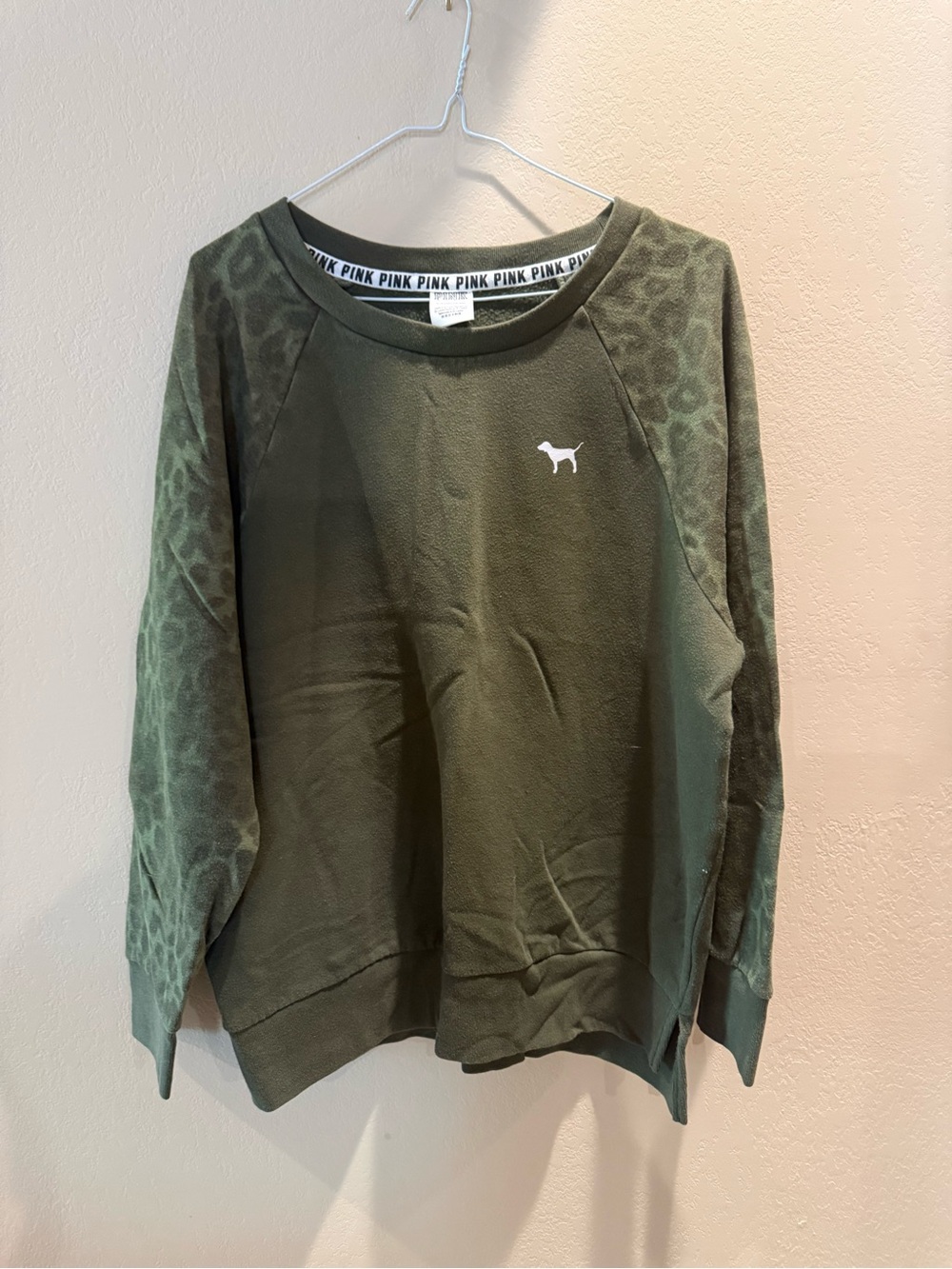 PINK Victoria's Secret Olive Green Leopard-Print Sleeve Crewneck